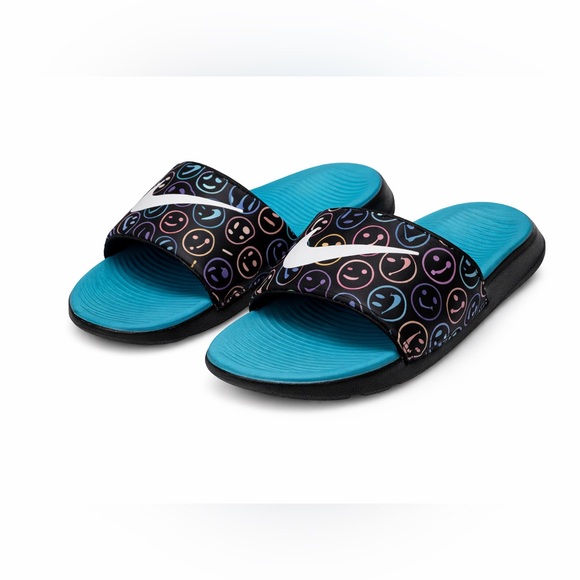 Nike Benassi JDI Slides Have A Nike Day Smiley 819358-009 Teal Black Youth 7Y - Picture 1 of 8